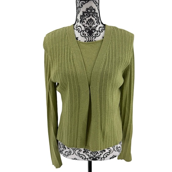 Vintage Ballinger Gold Green Two-Piece Sweater Set Long Sleeve Cardigan & Vest - Picture 1 of 14